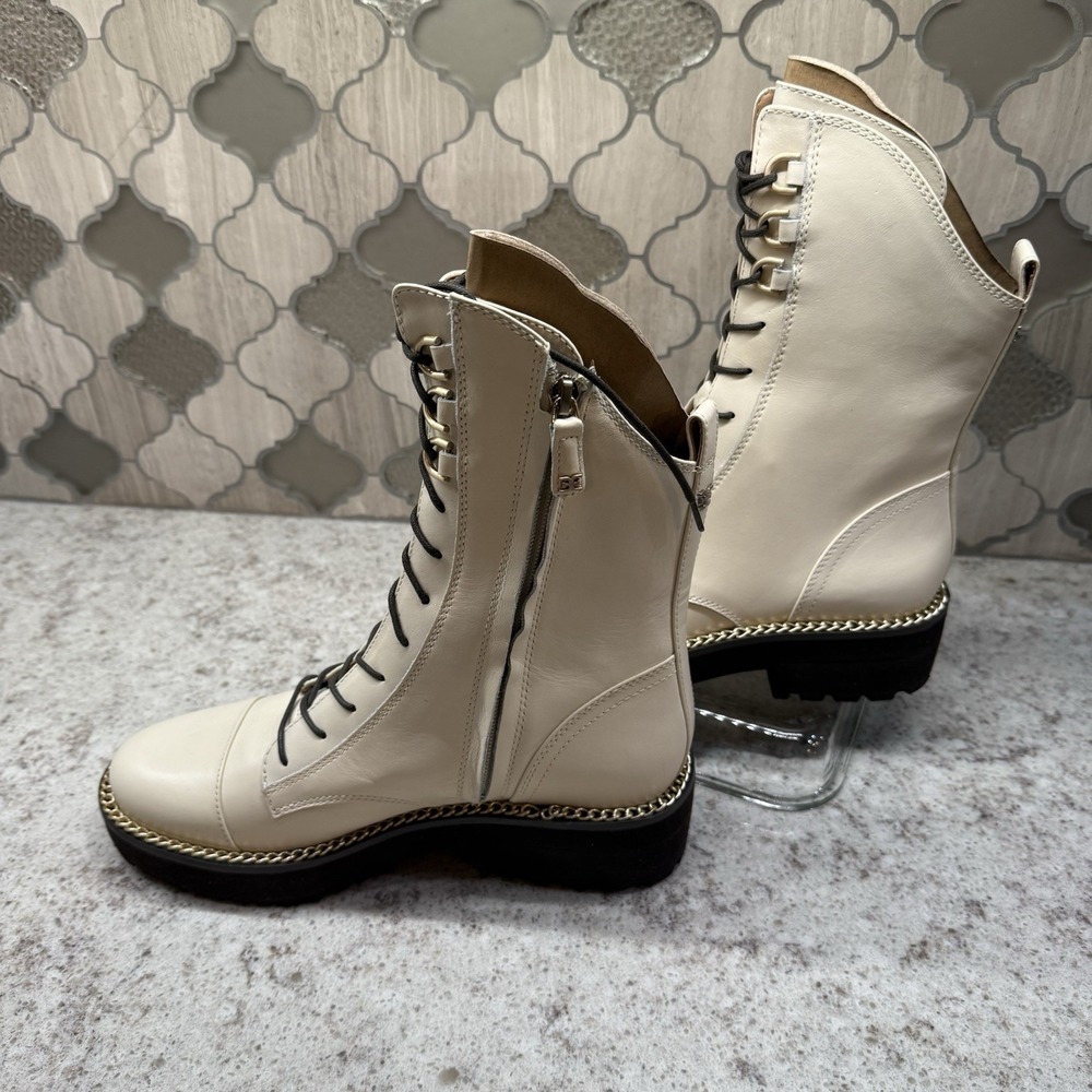 Sam Edelman Lenley Modern Ivory Leather Combat Boots Gold Chain New Cute Sz 8 - Picture 2 of 11